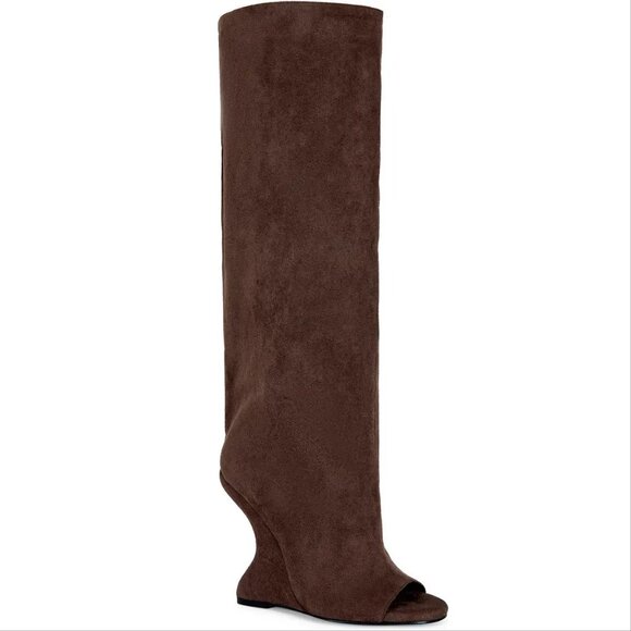 AZALEA WANG Vincent Knee High Open Toe Boots 6.5 Wedge Heel Brown Suede NEW - Picture 5 of 14